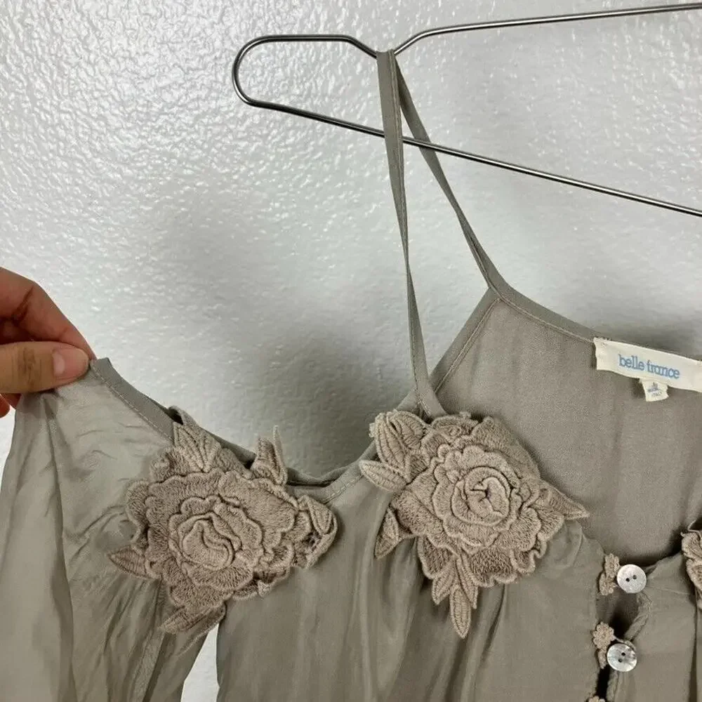 Belle France Silk Fairy Shirt Womens M Whimsigoth Peasant Cottagecore Ethereal - Picture 4 of 8